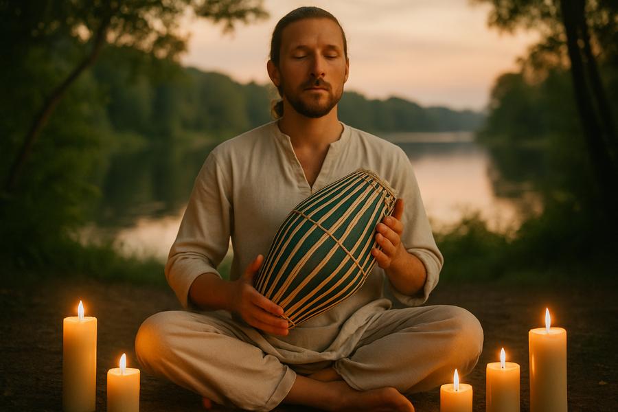 A person meditating with a devotion drum, surrounded by candles and a peaceful natural setting, creating a spiritual ambiance.