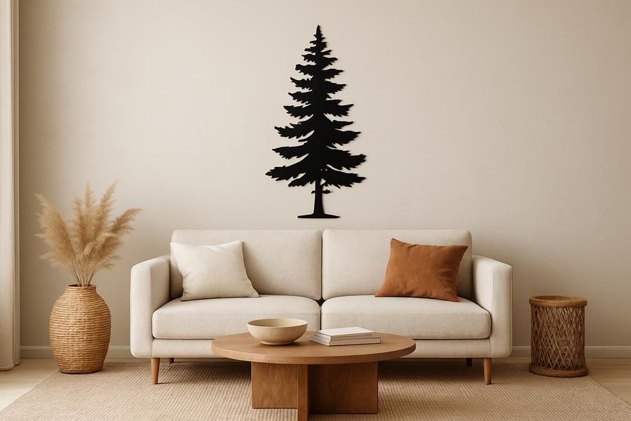 Minimalist living room with large pine tree metal wall art, earthy tones, and natural textures as focal point.
