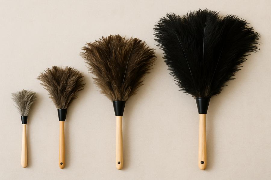 Side-by-side comparison of various ostrich feather duster sizes and colors on a neutral background.