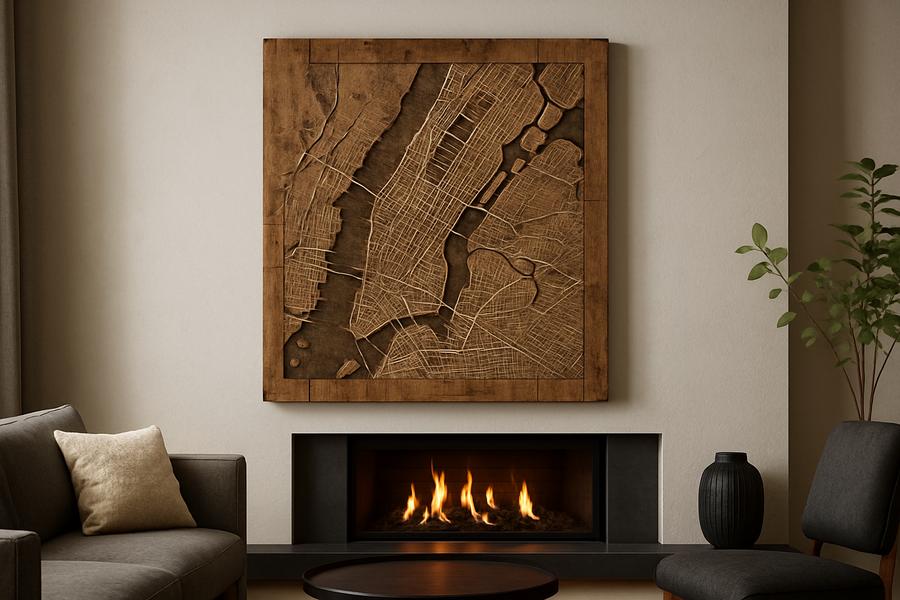 A rustic wooden NYC map mounted above a modern fireplace in a stylish apartment blending urban charm with cozy decor.