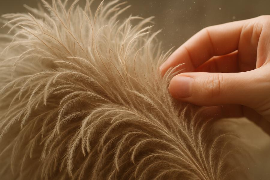 Close-up of soft ostrich feathers being fluffed, showing delicate texture and dust particles.