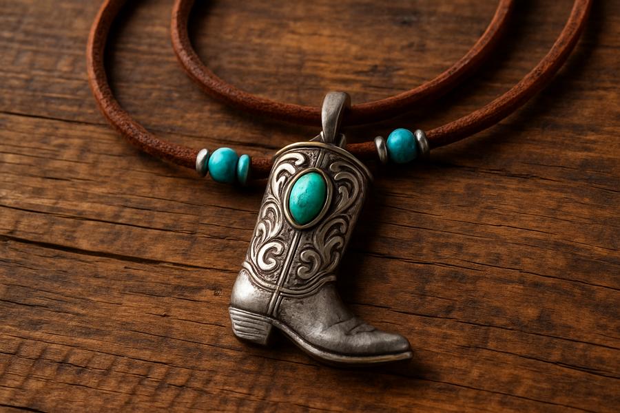 Close-up of a cowboy boot necklace with leather strap and turquoise accents on a rustic wooden table.
