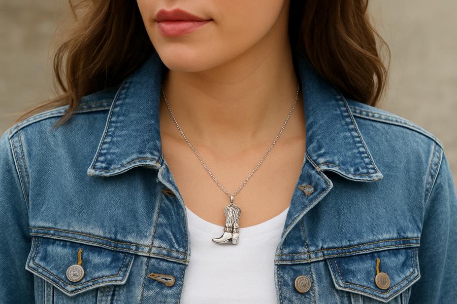 A woman in a denim jacket wears a cowboy boot necklace, blending western charm with modern fashion.